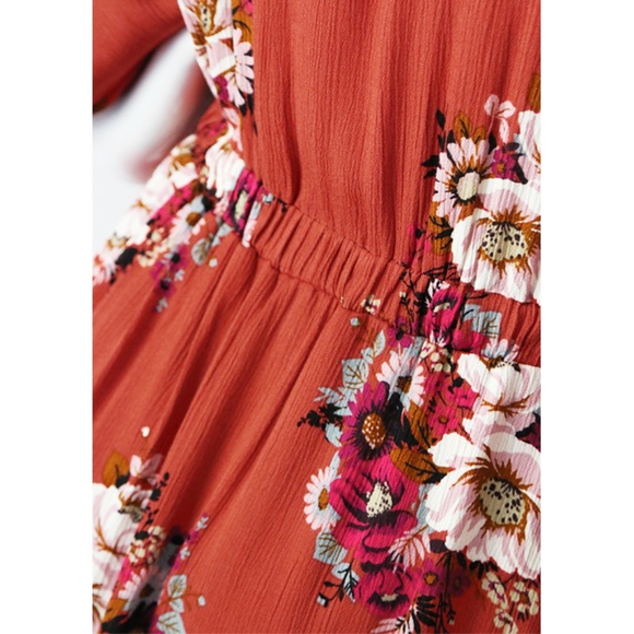 Last☝️ Rust Pretty Floral Slit Batwing Boho Dress - Picture 4 of 8